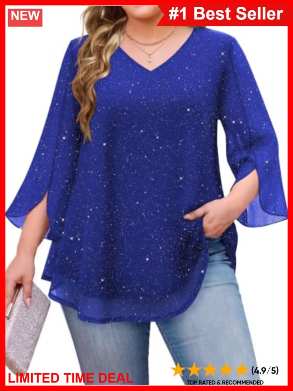 Plus Size Dressy Mesh Blouse V-Neck Ruffle 3/4 Sleeve Tunic Top